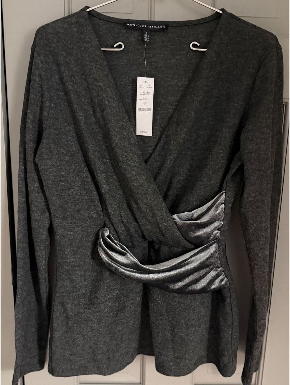 WHBM Women's Gray Wrap Top with Velvet Detail Sz Petite S NWT